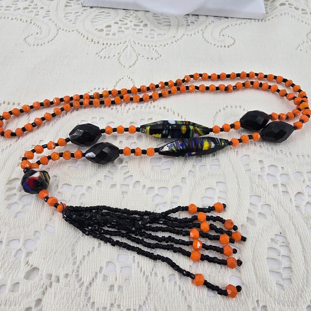 Orange Black Glass Bead Tassel Flapper Necklace Millefiori Lampwork Vintage